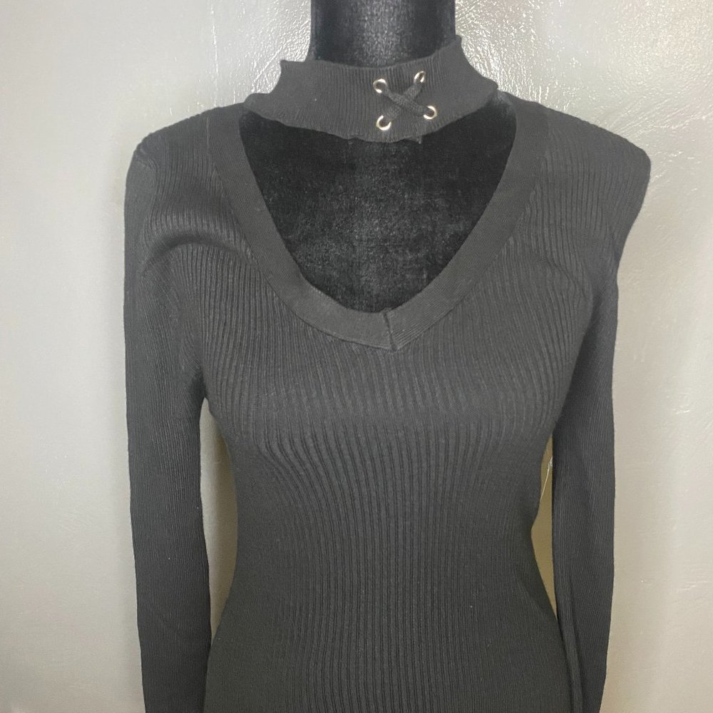 Derek Heart Black Sweater Dress with Choker Cut Out Lace Up Side Slit